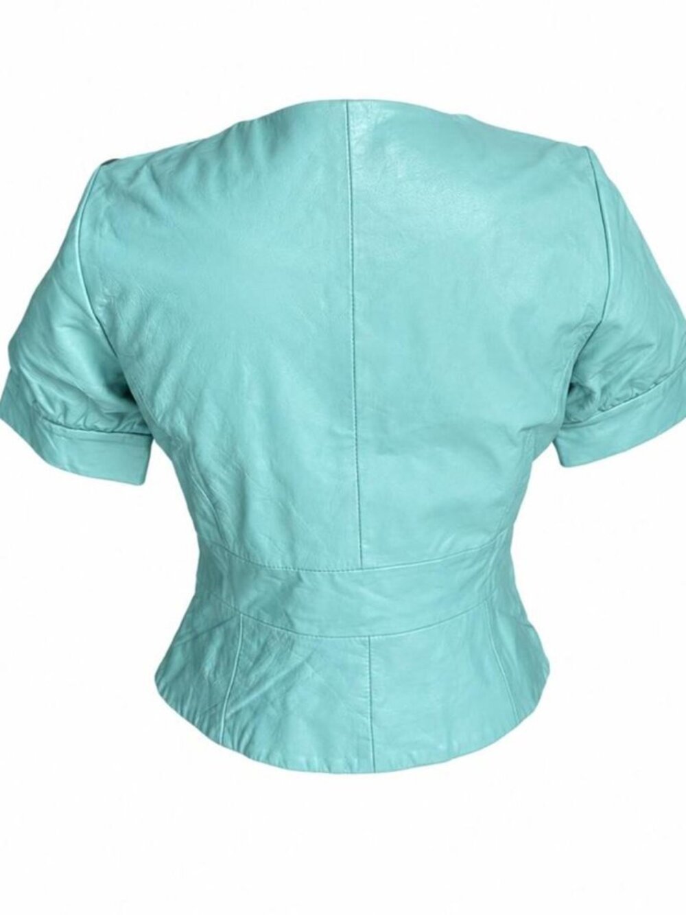 Vintage turquoise blue leather button down blouse/jacket with puff sleeves - Picture 2 of 7